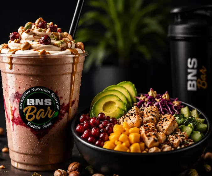 BNS Bar : un shake et un bowl du comptoir, avocat, poulet et fruits